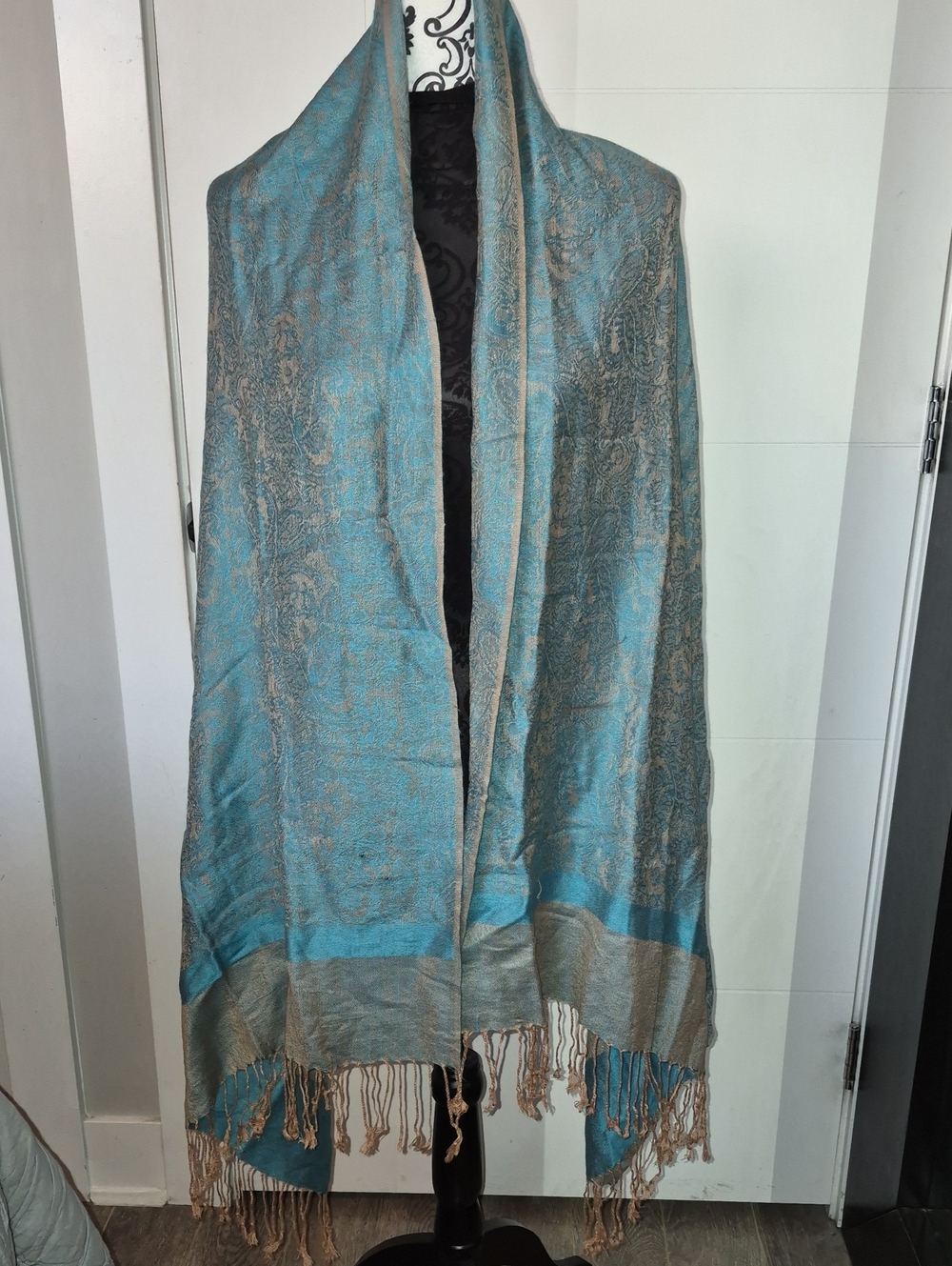 pashmina Teal Paisley Shawl Jacket with Fringed Hem